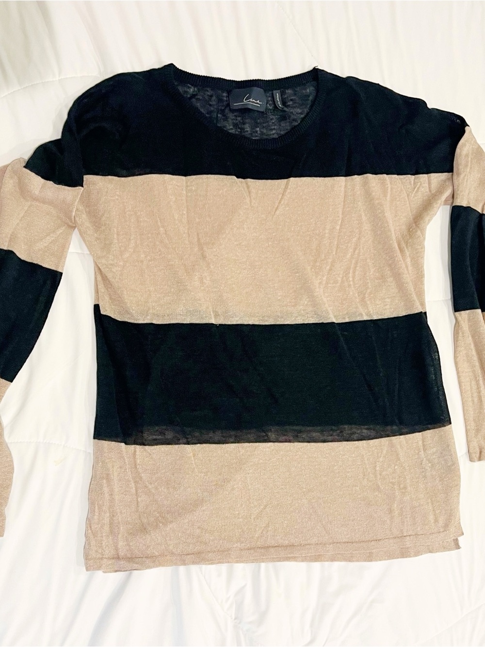 Line & Dot Black and Tan Striped Linen Sweater (M)